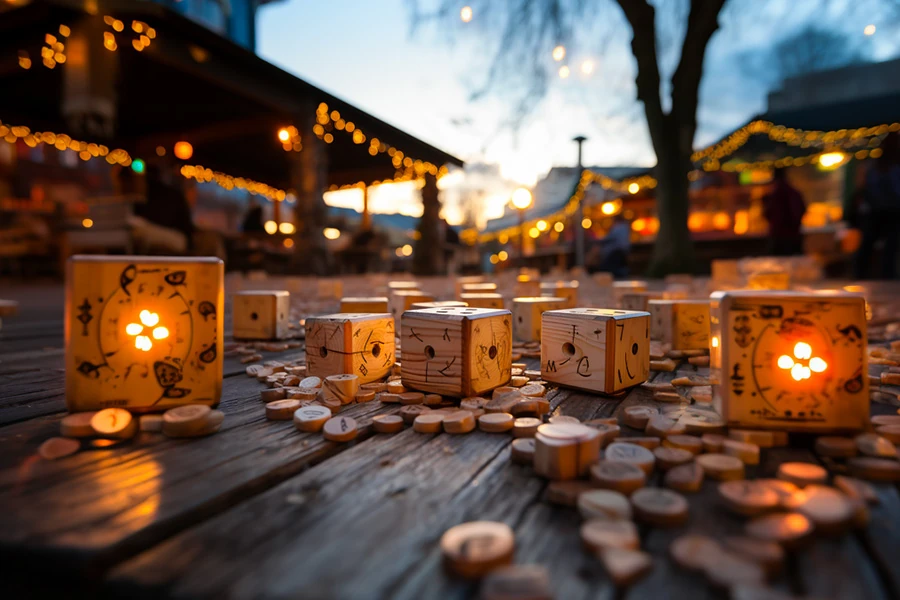 Jeux en bois traditionnels anciens disposés sur une table