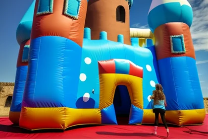 Château gonflable coloré installé pour un événement en plein air