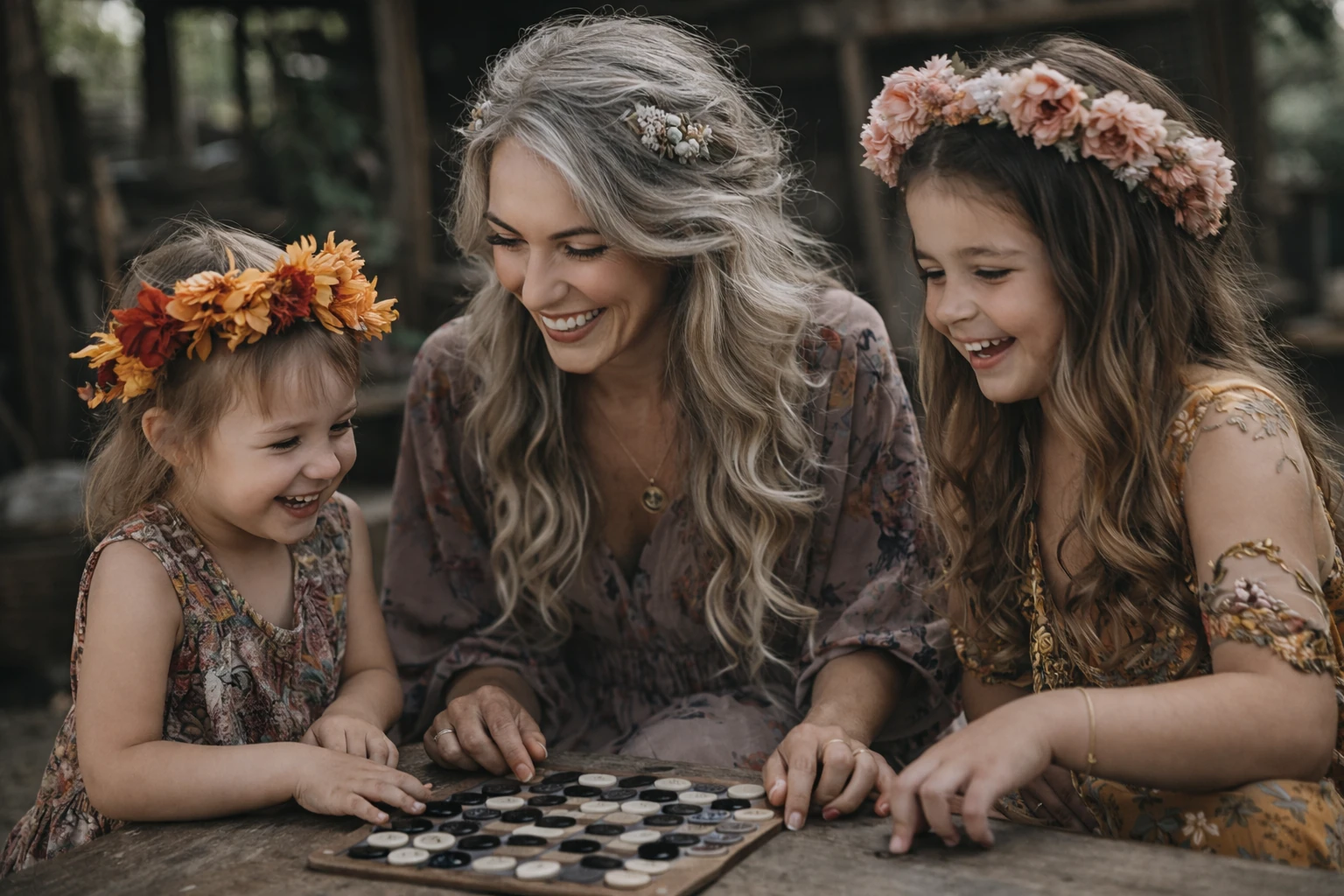 Enfants et leur maman partageant un jeu en bois lors d'une animation intergénérationnelle