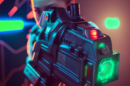 Deux équipes de joueurs avec gilets laser game dans un parc