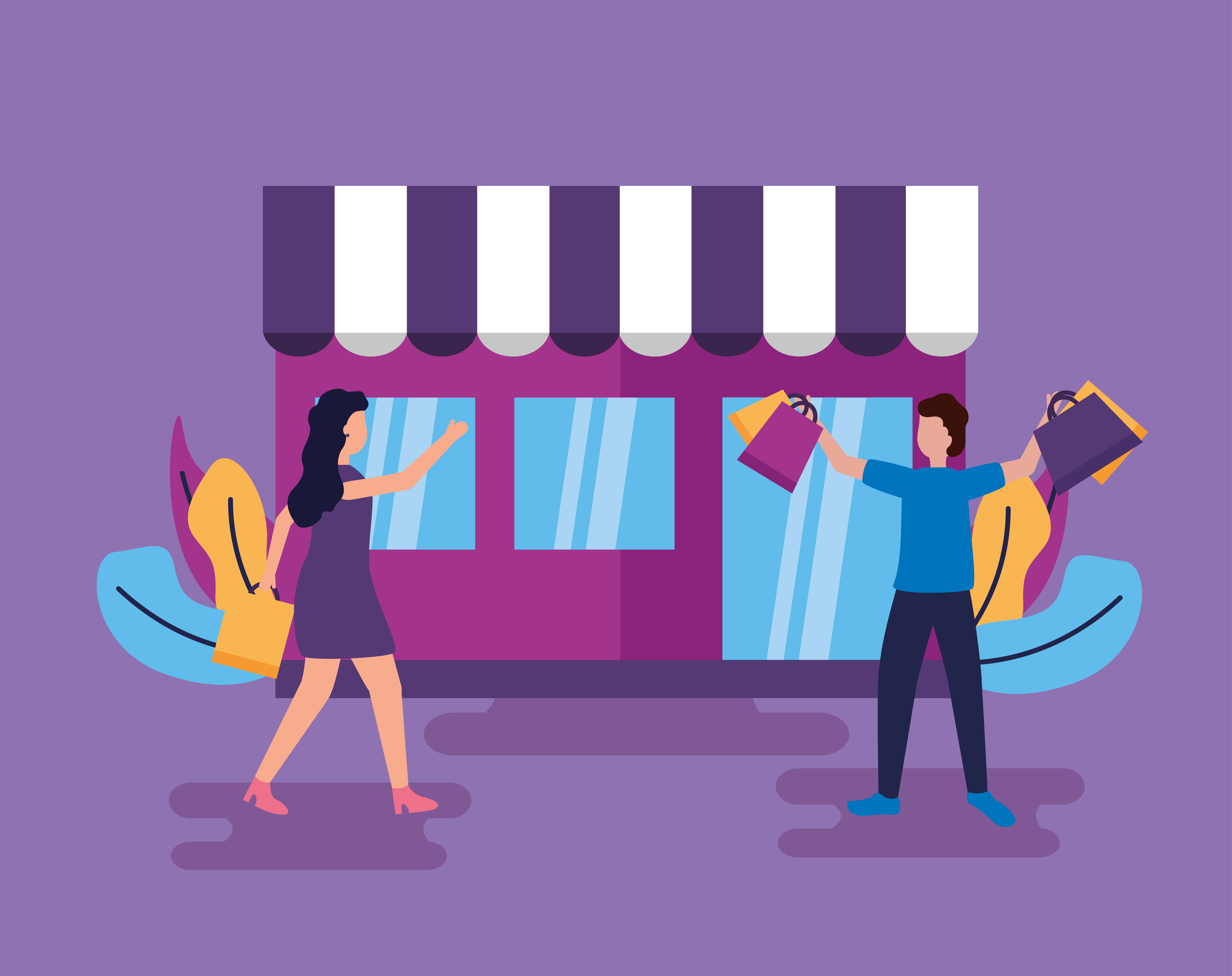 Stand promotionnel animé dans un magasin avec un animateur et des clients en interaction