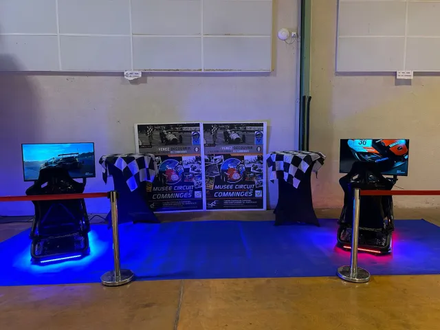 Deux simulateurs de course à LED installés sur un salon avec drapeaux à damier