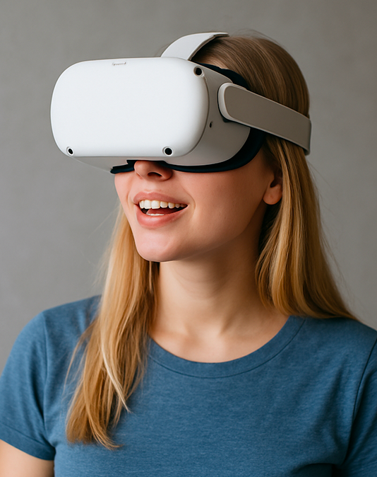 une jeune femme blonde qui porte un casque VR lors d'une animation